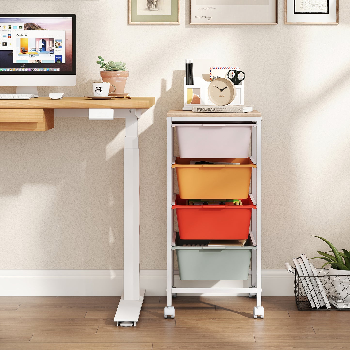 4-Drawer Rolling Storage Cart, Wooden Tabletop, Lockable Wheels, Macaron File Cabinets at Gallery Canada