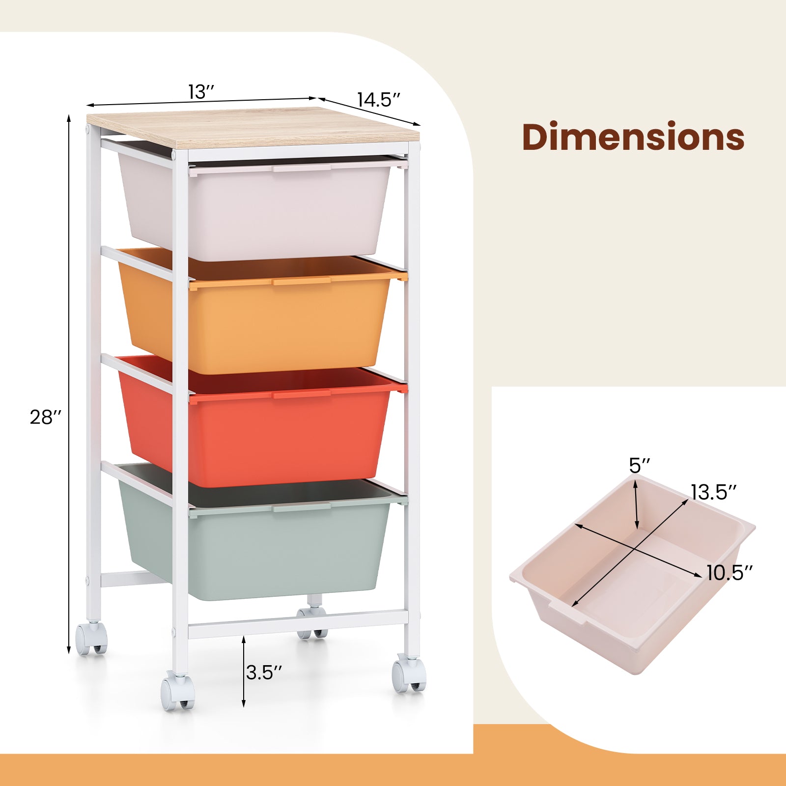 4-Drawer Rolling Storage Cart, Wooden Tabletop, Lockable Wheels, Macaron File Cabinets at Gallery Canada