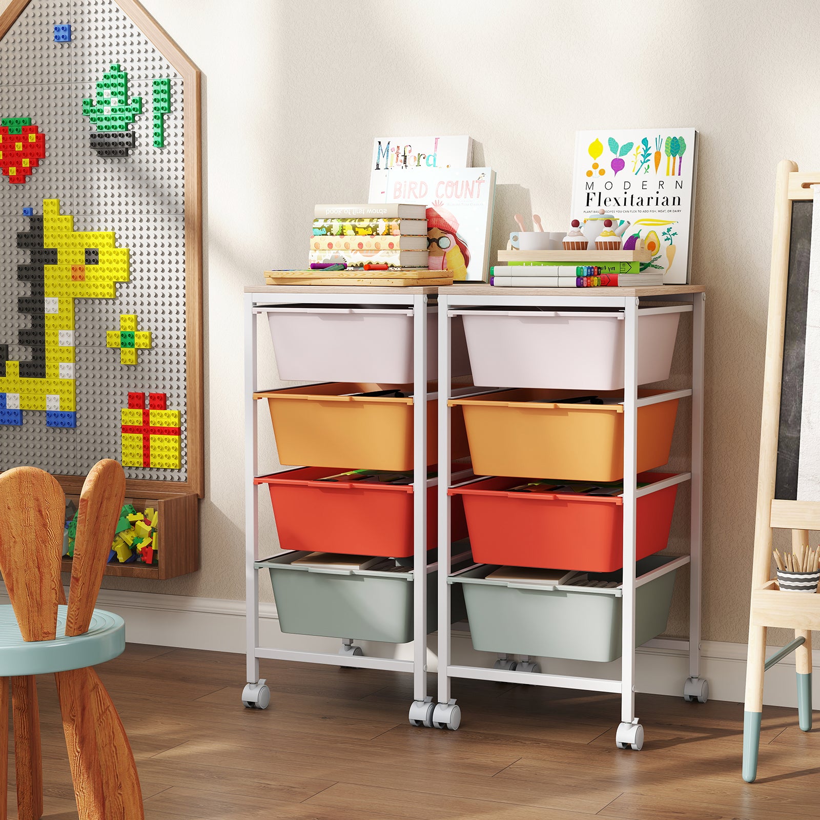 4-Drawer Rolling Storage Cart, Wooden Tabletop, Lockable Wheels, Macaron File Cabinets at Gallery Canada