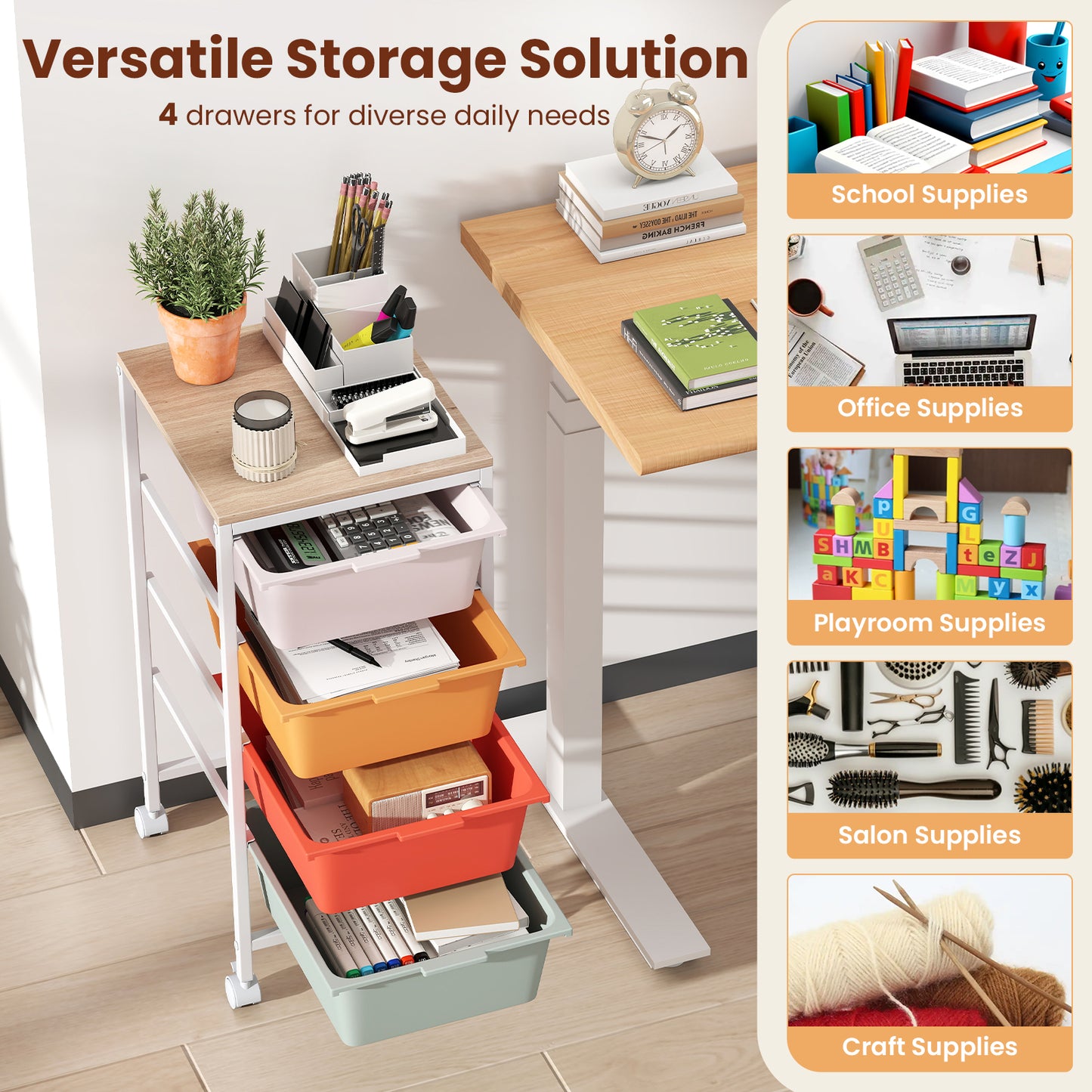 4-Drawer Rolling Storage Cart, Wooden Tabletop, Lockable Wheels, Macaron File Cabinets at Gallery Canada