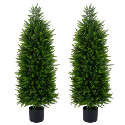 4 FT Artificial Topiary Tree Set, 2 Faux Cedar Cypress Plants, Cement-Filled Pots, Green