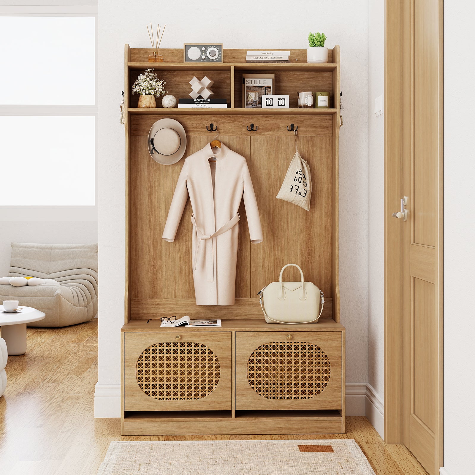 4-In-1 Hall Tree With Coat Rack, Flip Drawers, Natural Coat Racks & Hall Trees at Gallery Canada