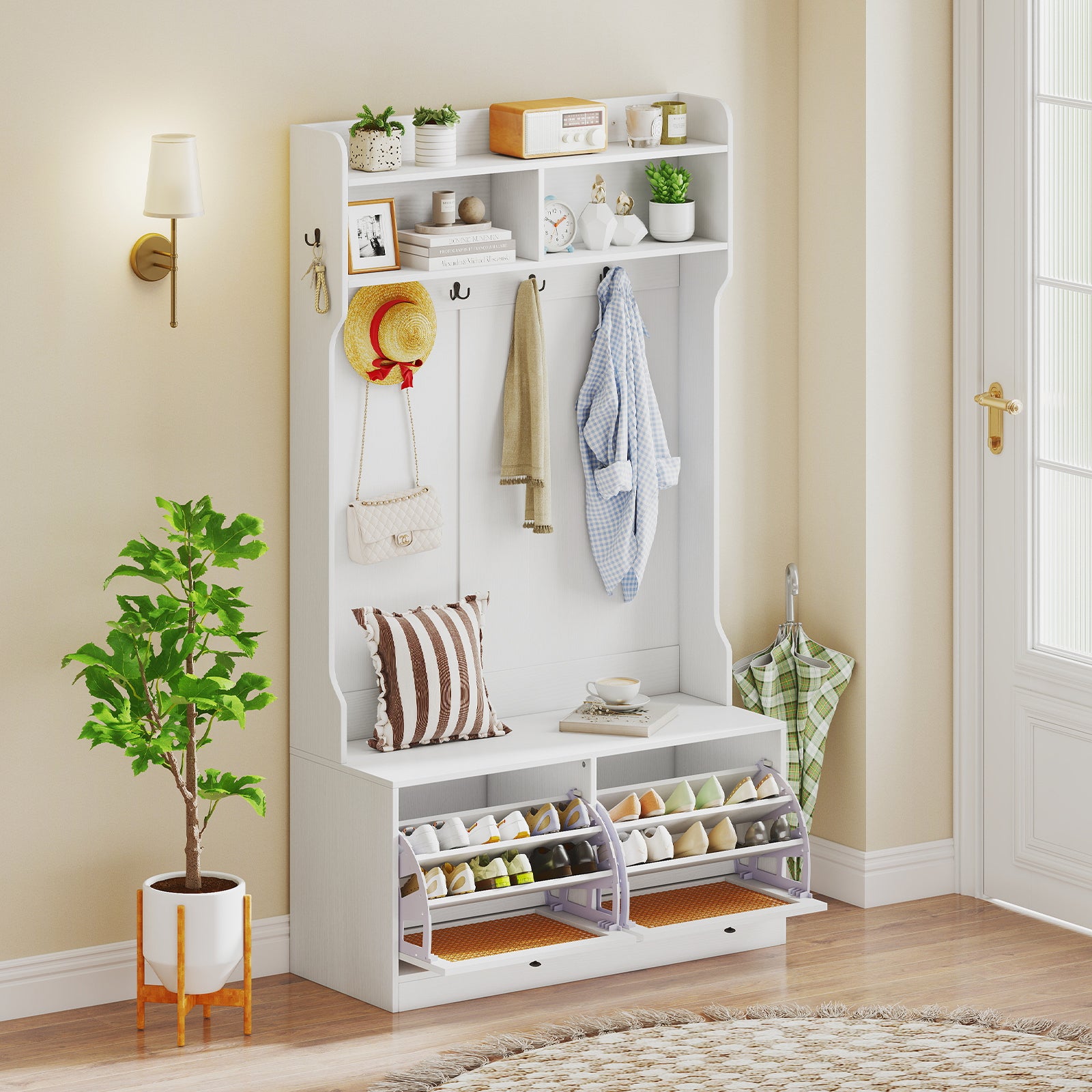 4-In-1 Hall Tree With Coat Rack, Flip Drawers, White Coat Racks & Hall Trees at Gallery Canada