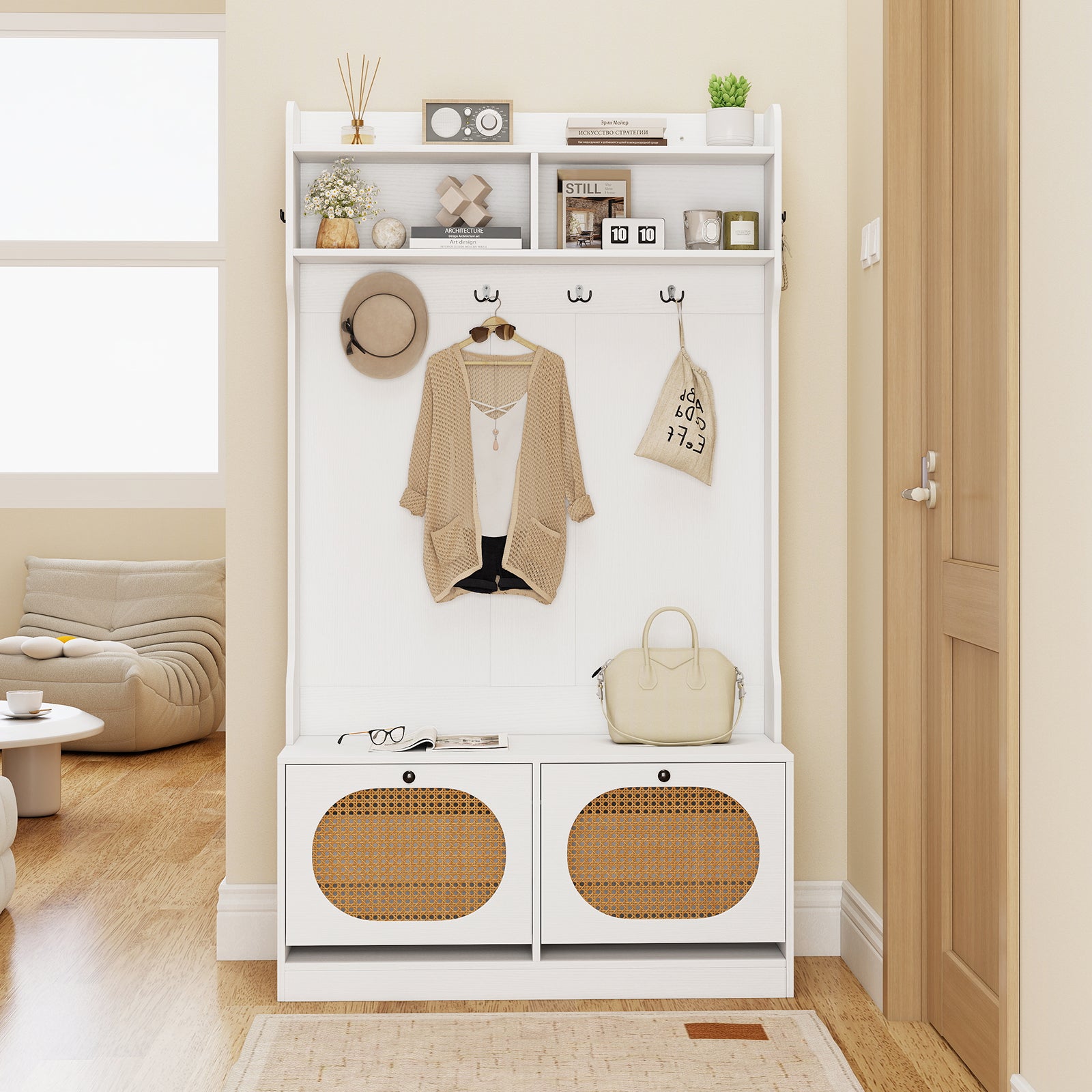 4-In-1 Hall Tree With Coat Rack, Flip Drawers, White Coat Racks & Hall Trees at Gallery Canada