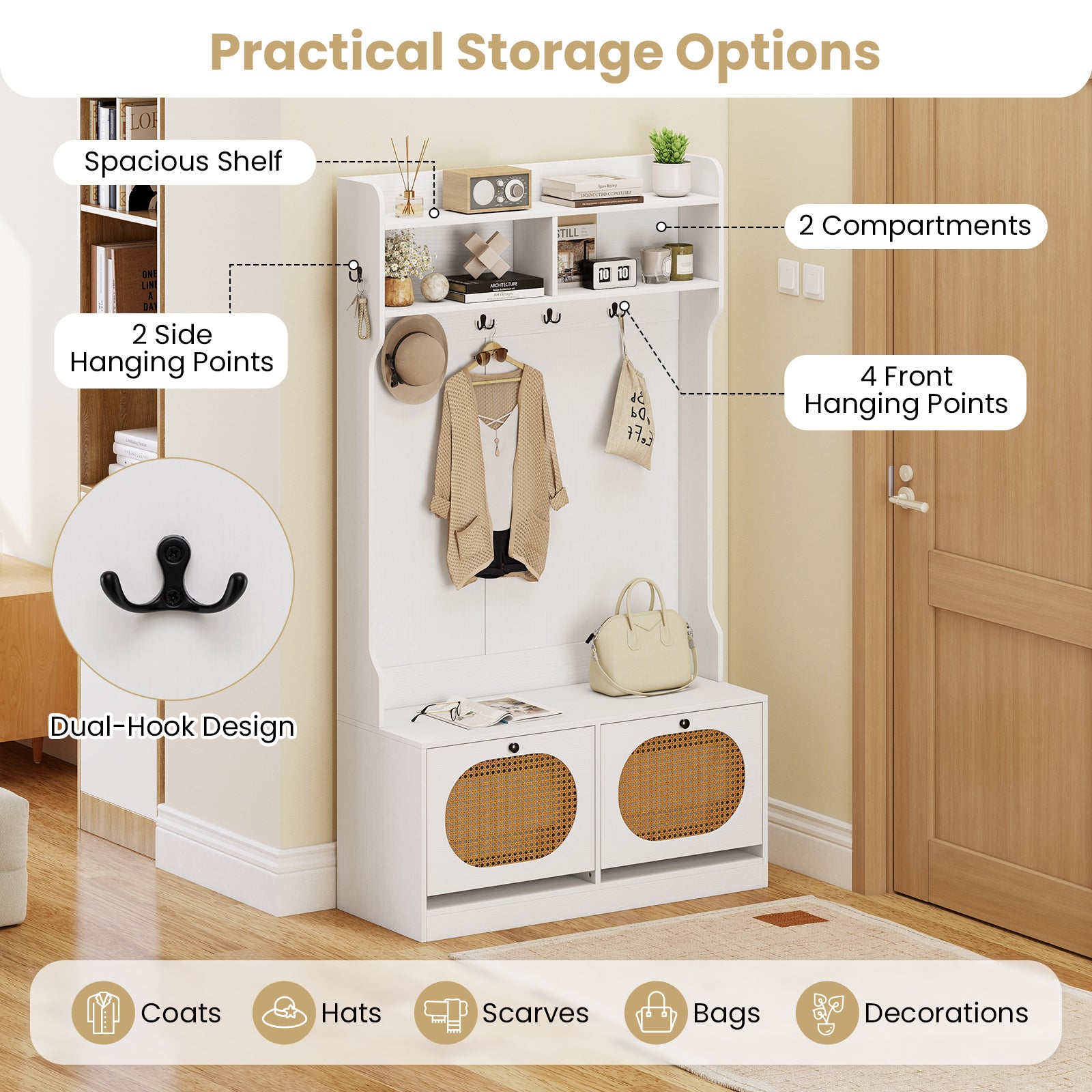 4-In-1 Hall Tree With Coat Rack, Flip Drawers, White Coat Racks & Hall Trees at Gallery Canada