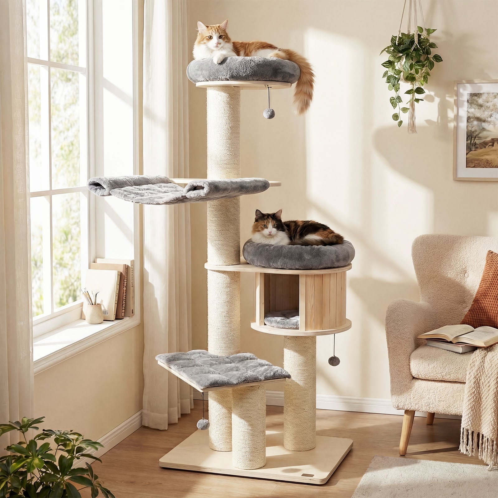 4-Layer 68.5-Inch Wooden Cat Tree, Sisal Posts, Gray Cat Trees Condos & Scratchers at Gallery Canada