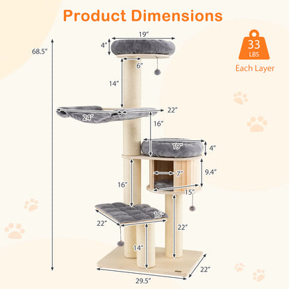 4-Layer 68.5-Inch Wooden Cat Tree, Sisal Posts, Gray Cat Trees Condos & Scratchers at Gallery Canada