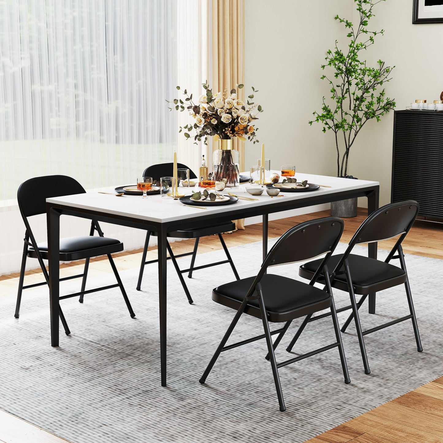 Chaises pliantes, cadre en métal, cuir PVC, lot de 4, noir
