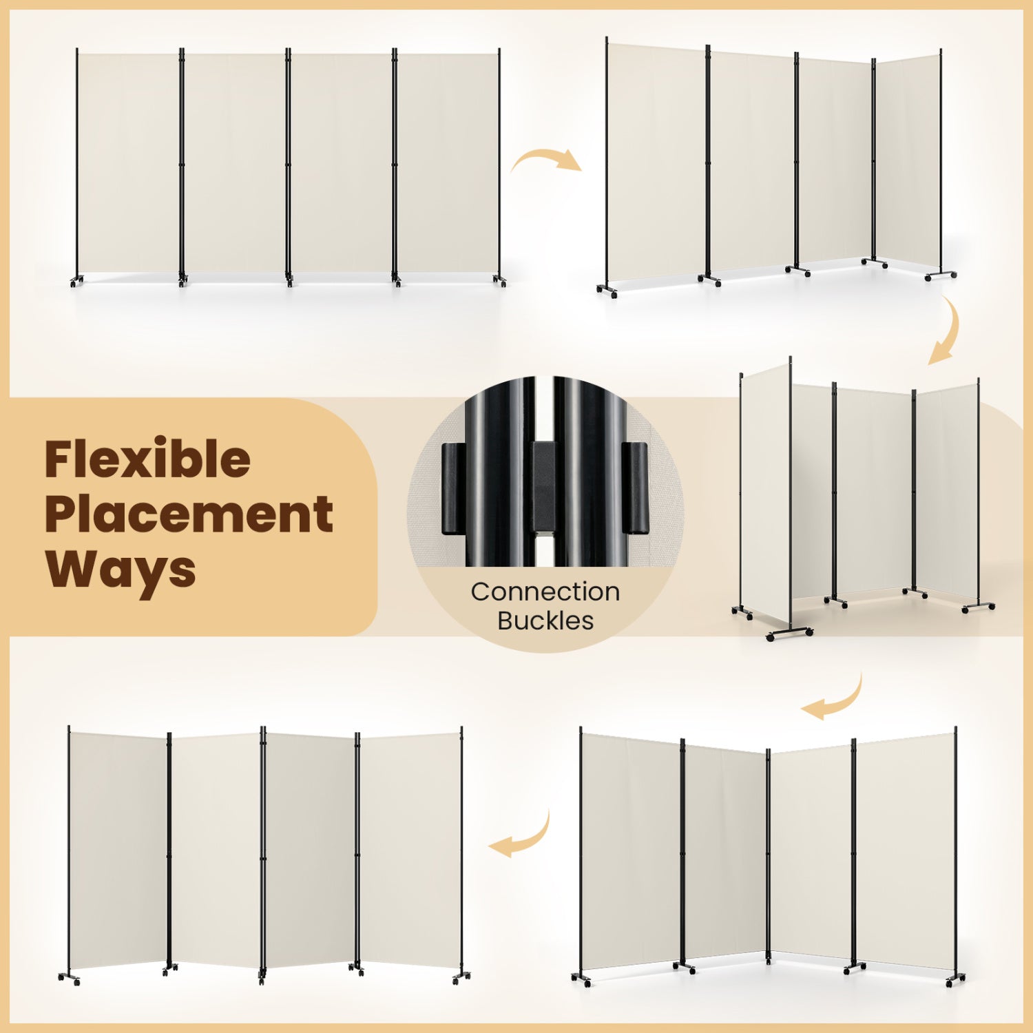 Four Panel Folding Privacy Screen, with Wheels, White Room Dividers at Gallery Canada