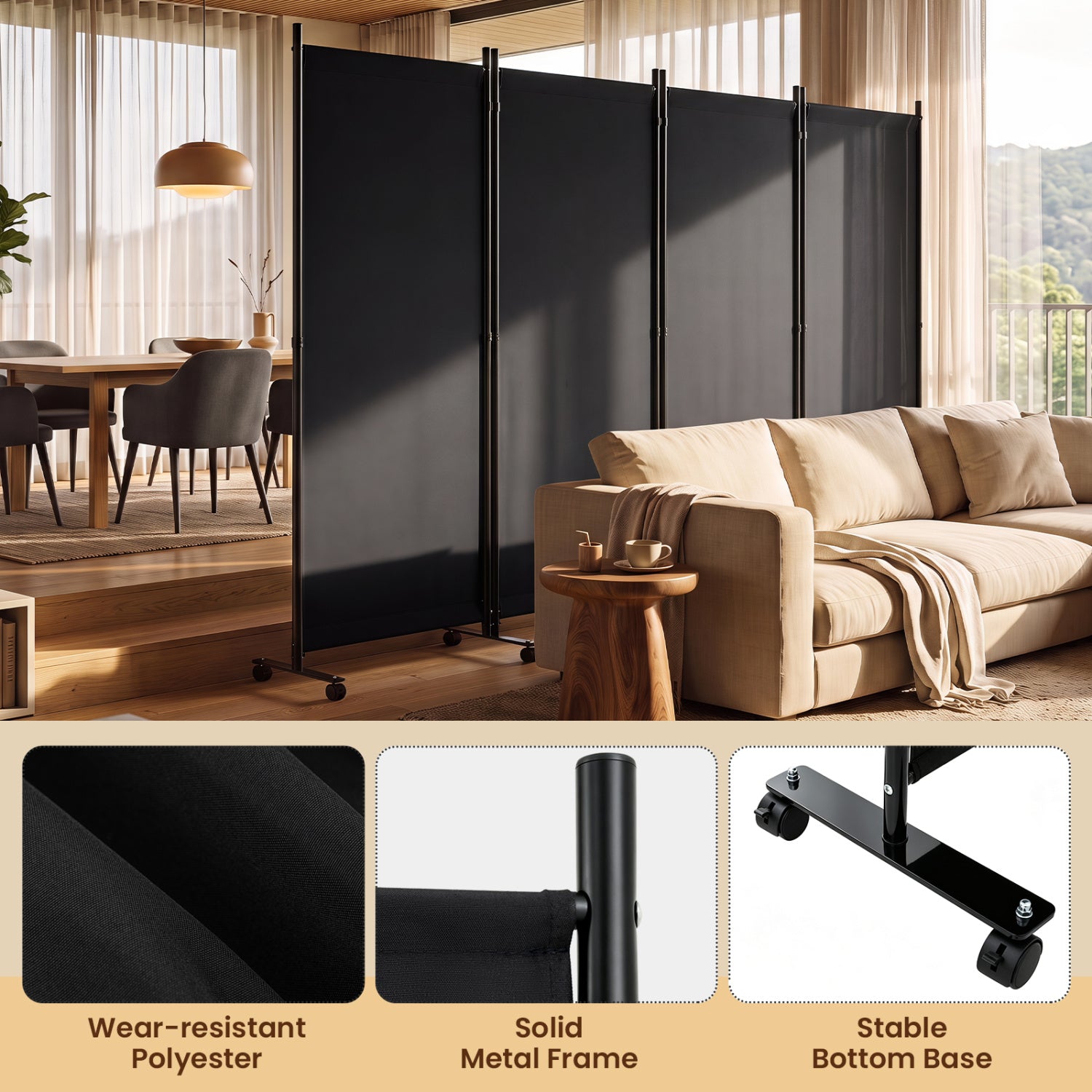 4 Panel Folding Privacy Screen Divider, Black Room Dividers at Gallery Canada