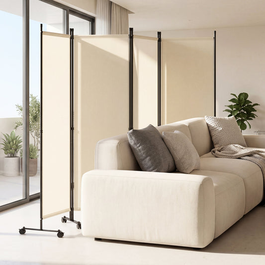 4-Panel Room Divider with Lockable Wheels for Living Room, Beige Room Dividers Beige at Gallery Canada