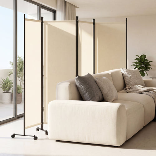 4-Panel Room Divider with Lockable Wheels for Living Room, Beige