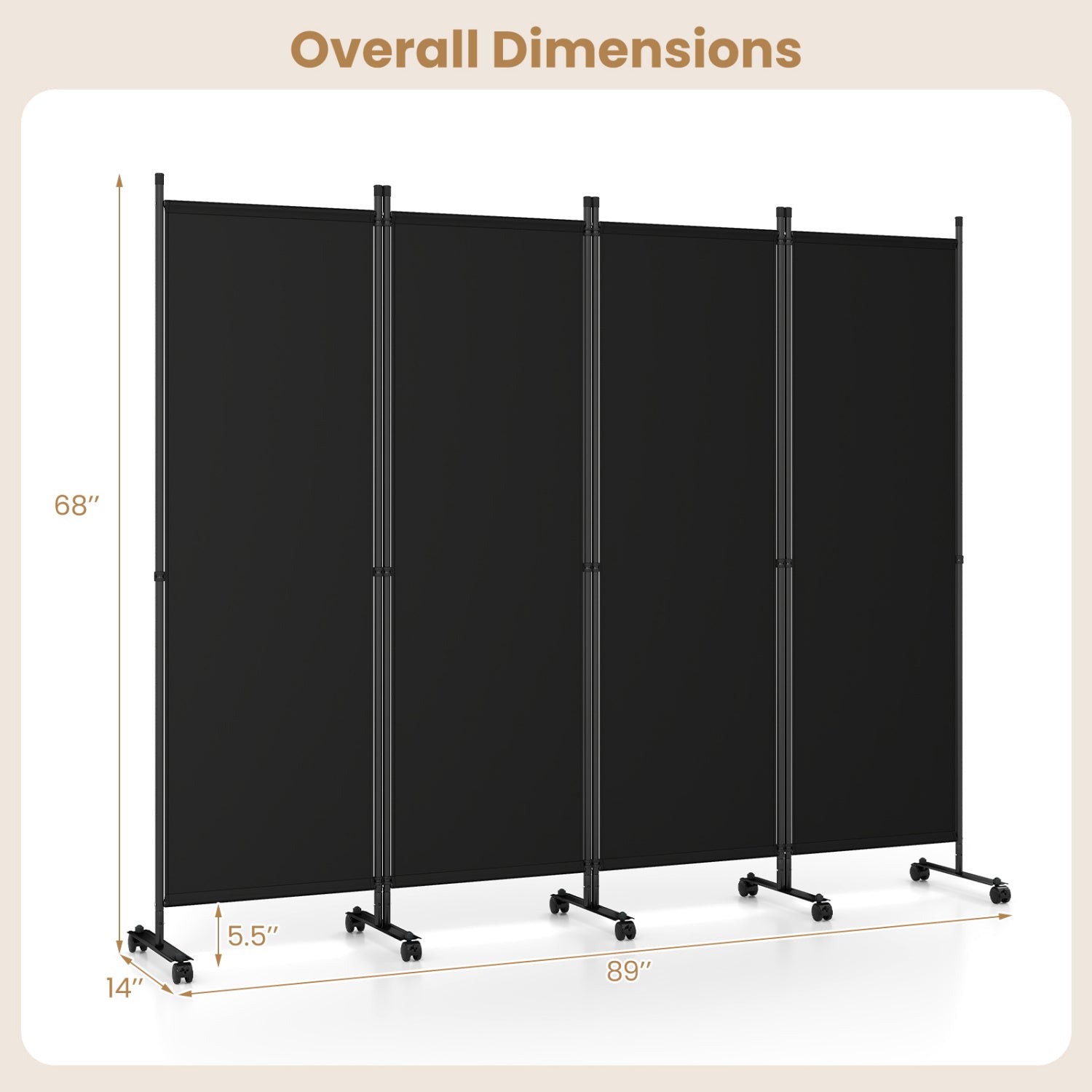 4-Panel Room Divider with Lockable Wheels for Living Room, Black Room Dividers at Gallery Canada