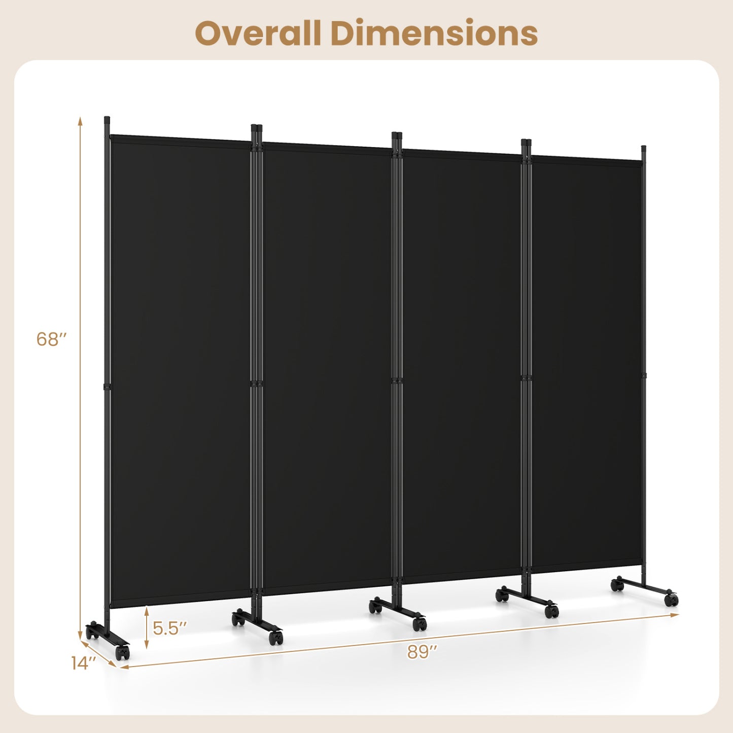 4-Panel Room Divider with Lockable Wheels for Living Room, Black Room Dividers at Gallery Canada