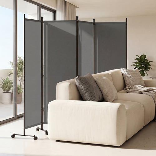 4-Panel Room Divider with Lockable Wheels for Living Room, Gray