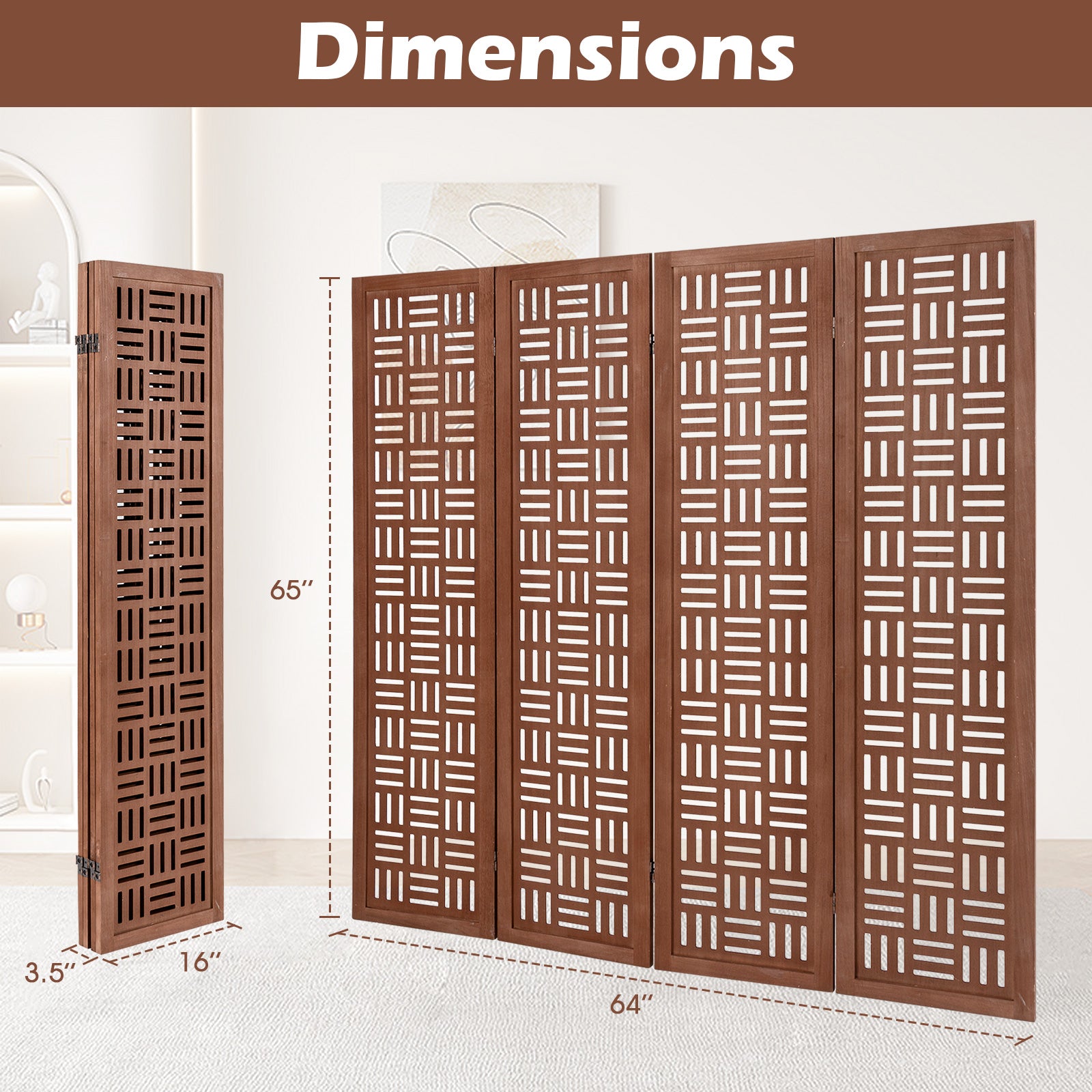 4-Panel Solid Wood Room Divider, Walnut Room Dividers at Gallery Canada