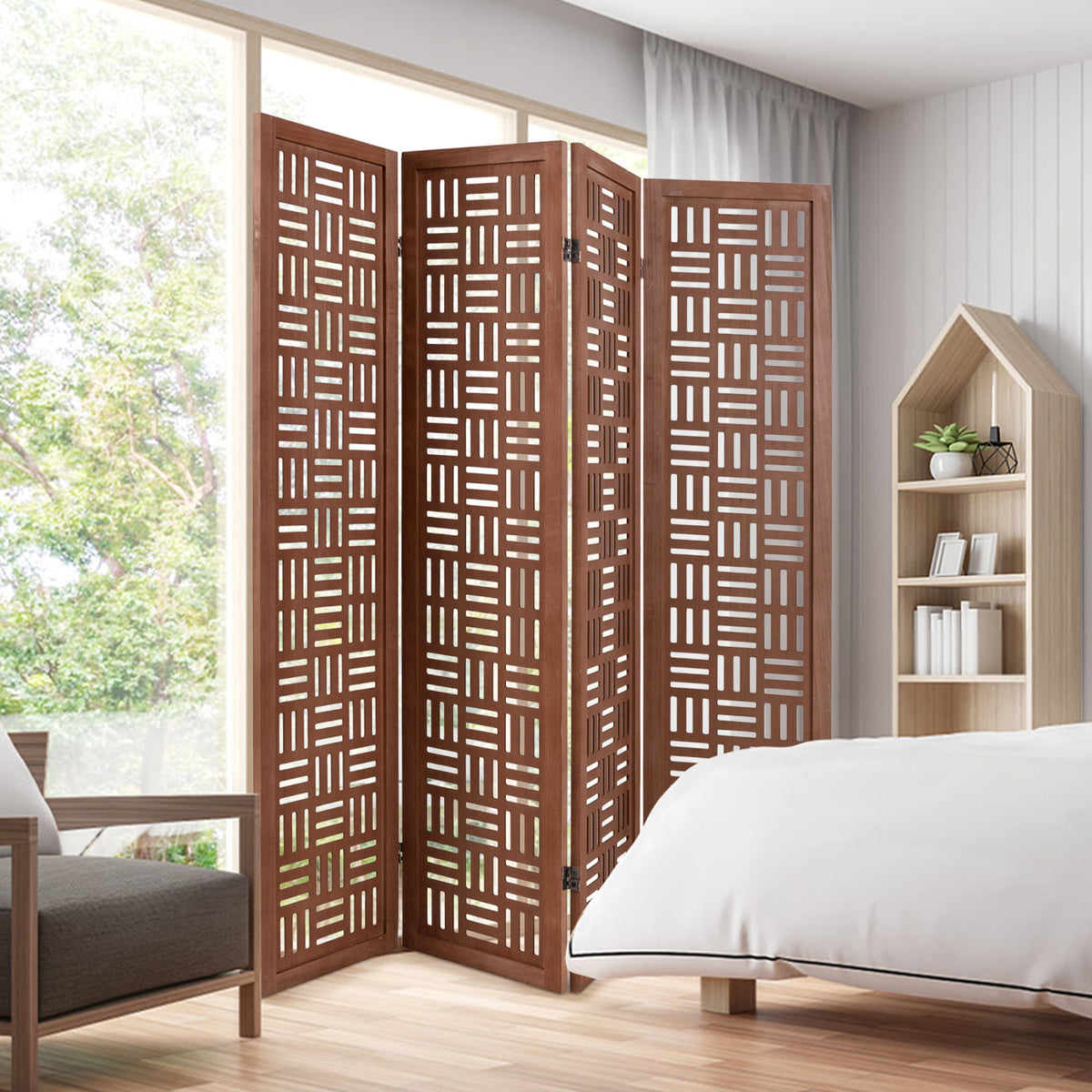 4-Panel Solid Wood Room Divider, Walnut Room Dividers at Gallery Canada