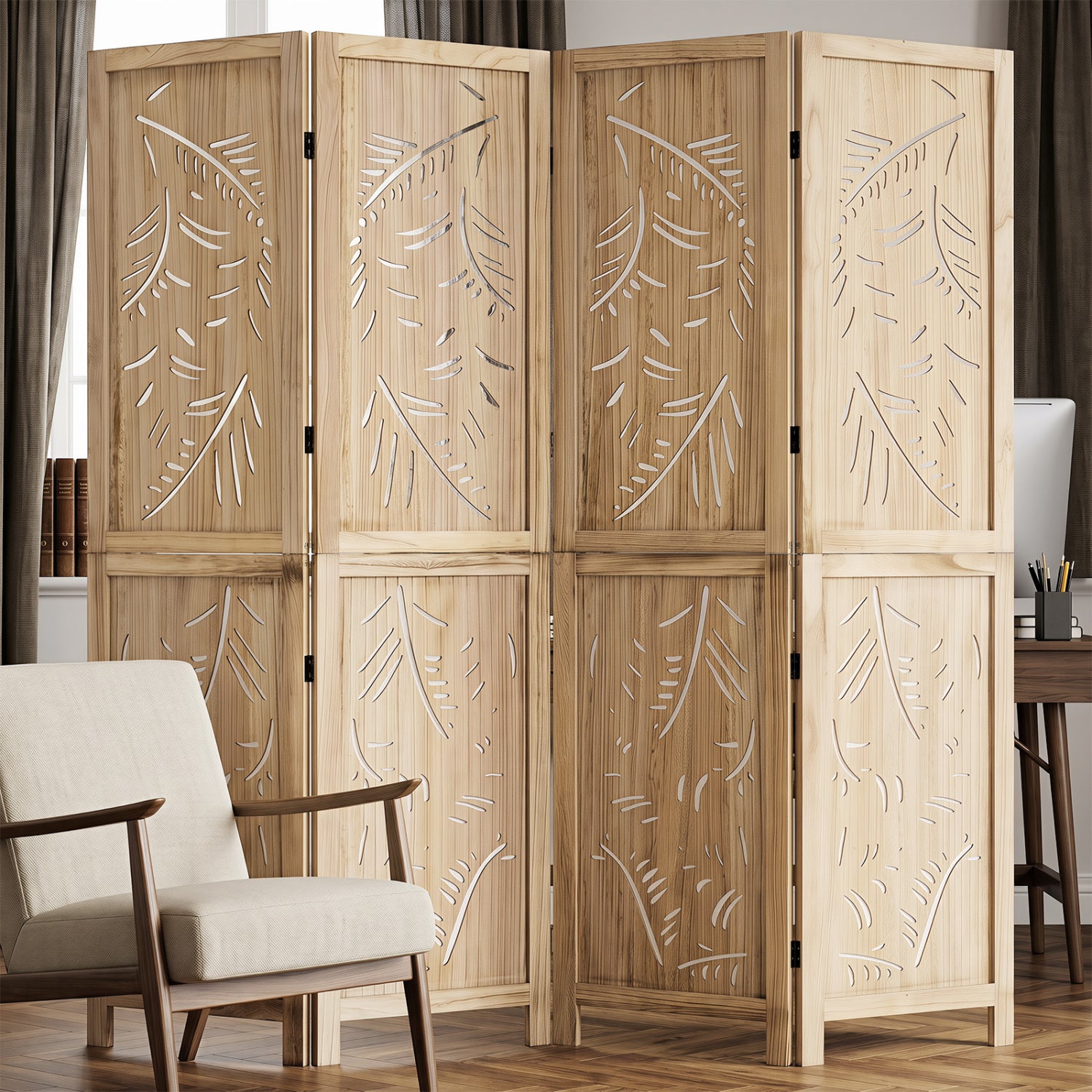 4-Panel Wooden Room Divider, Palm Leaf Design, Paulownia Frame Room Dividers at Gallery Canada