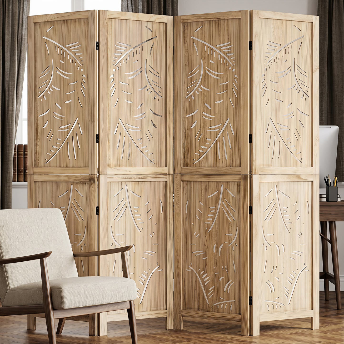 4-Panel Wooden Room Divider, Palm Leaf Design, Paulownia Frame Room Dividers at Gallery Canada