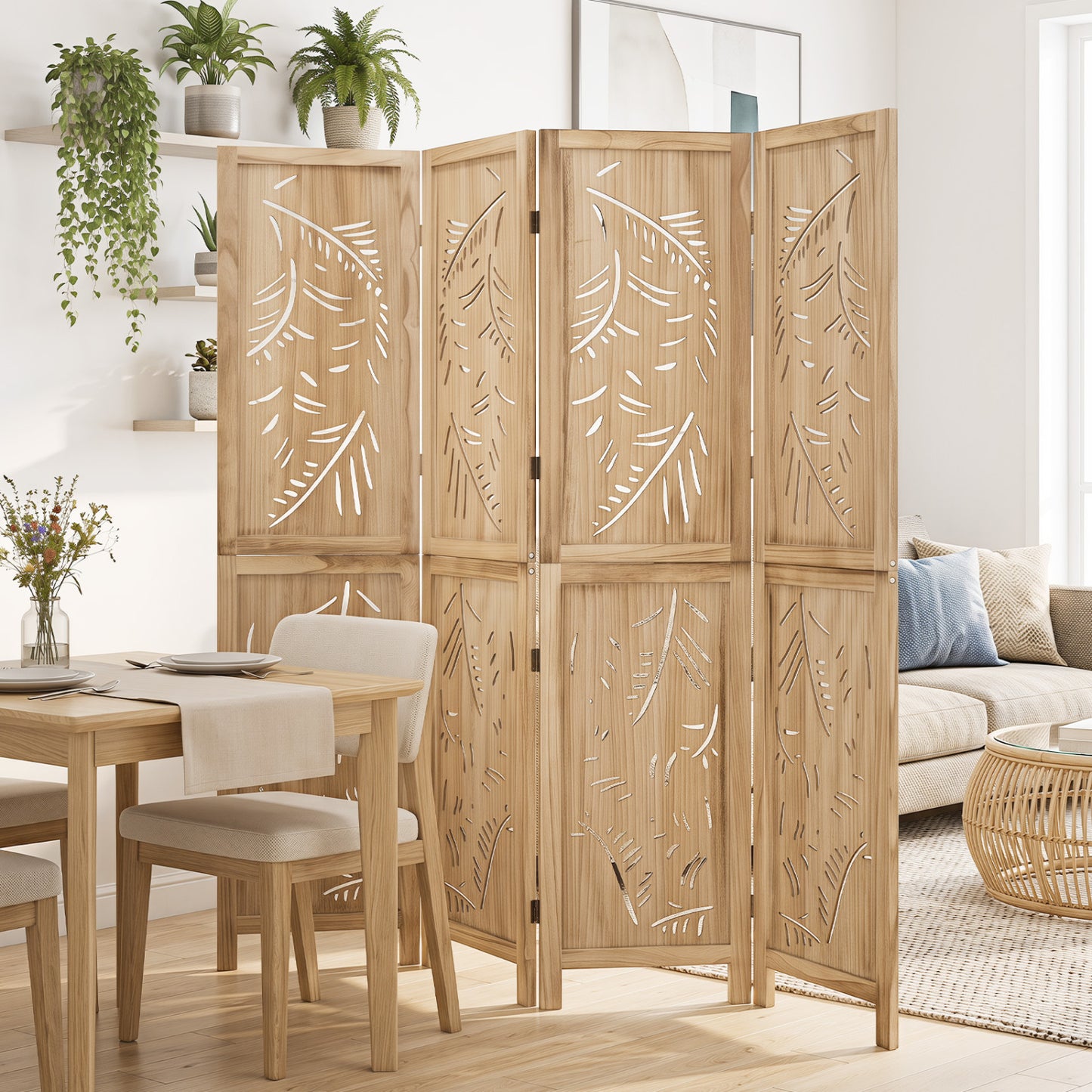 4-Panel Wooden Room Divider, Palm Leaf Design, Paulownia Frame Room Dividers at Gallery Canada