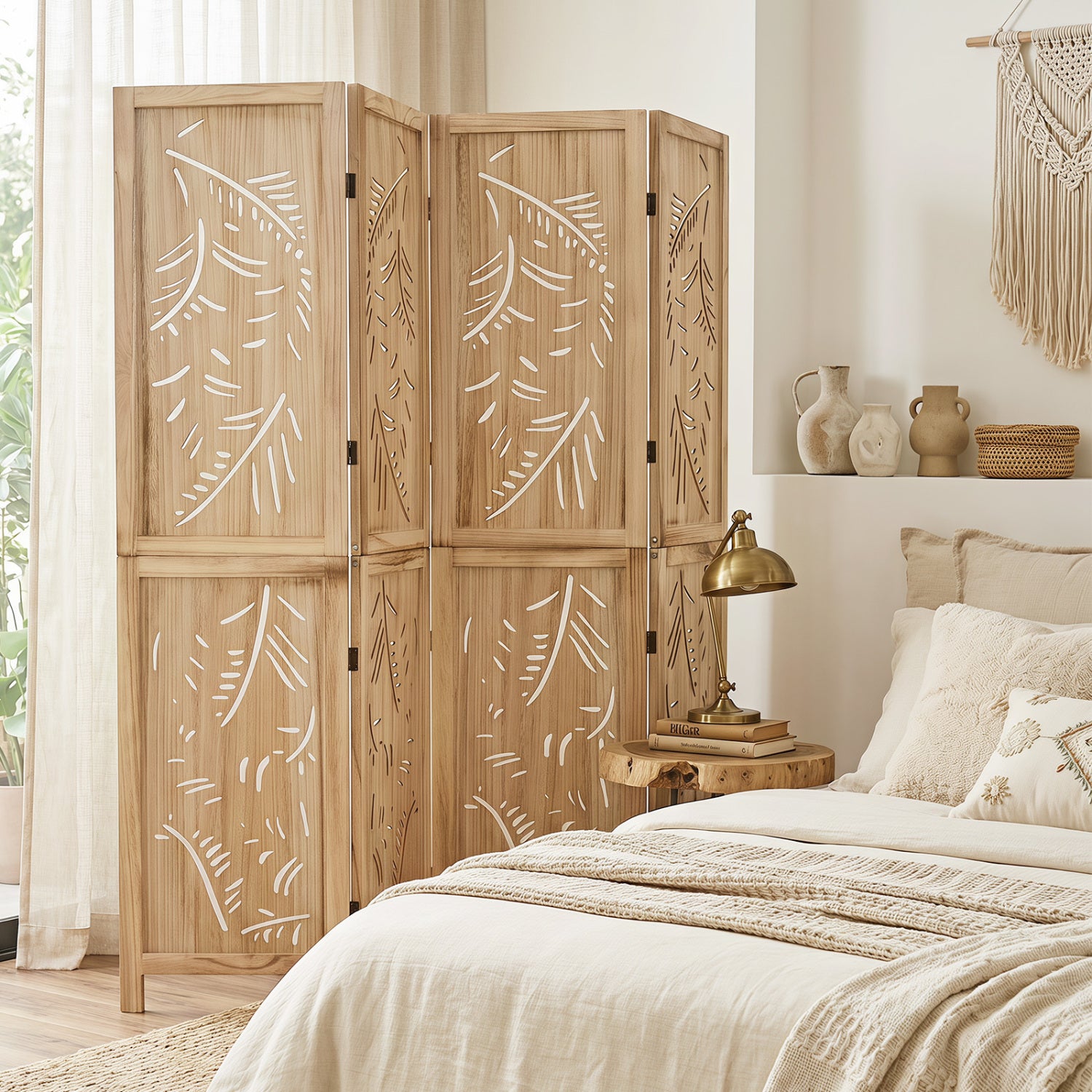 4-Panel Wooden Room Divider, Palm Leaf Design, Paulownia Frame Room Dividers at Gallery Canada