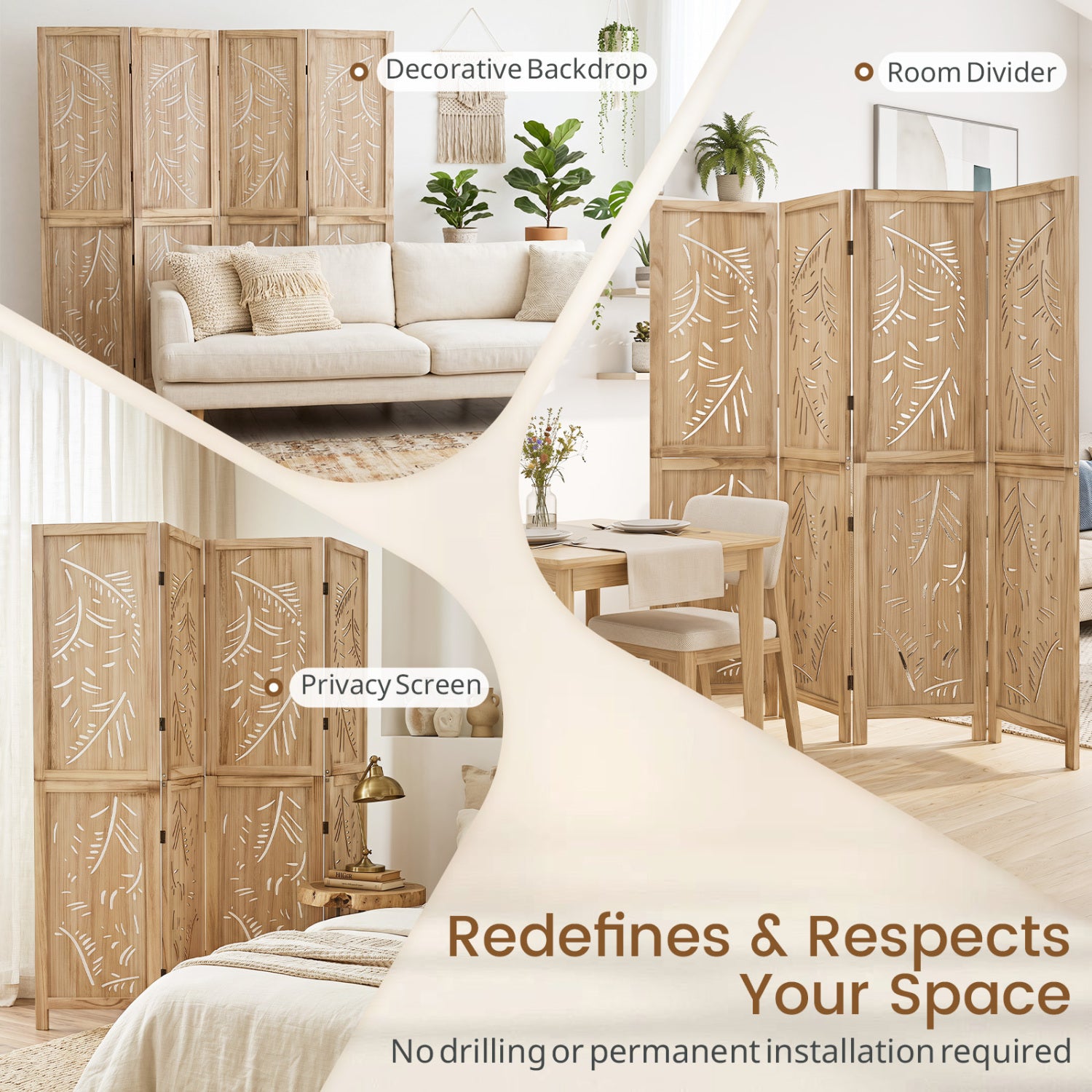 4-Panel Wooden Room Divider, Palm Leaf Design, Paulownia Frame Room Dividers at Gallery Canada