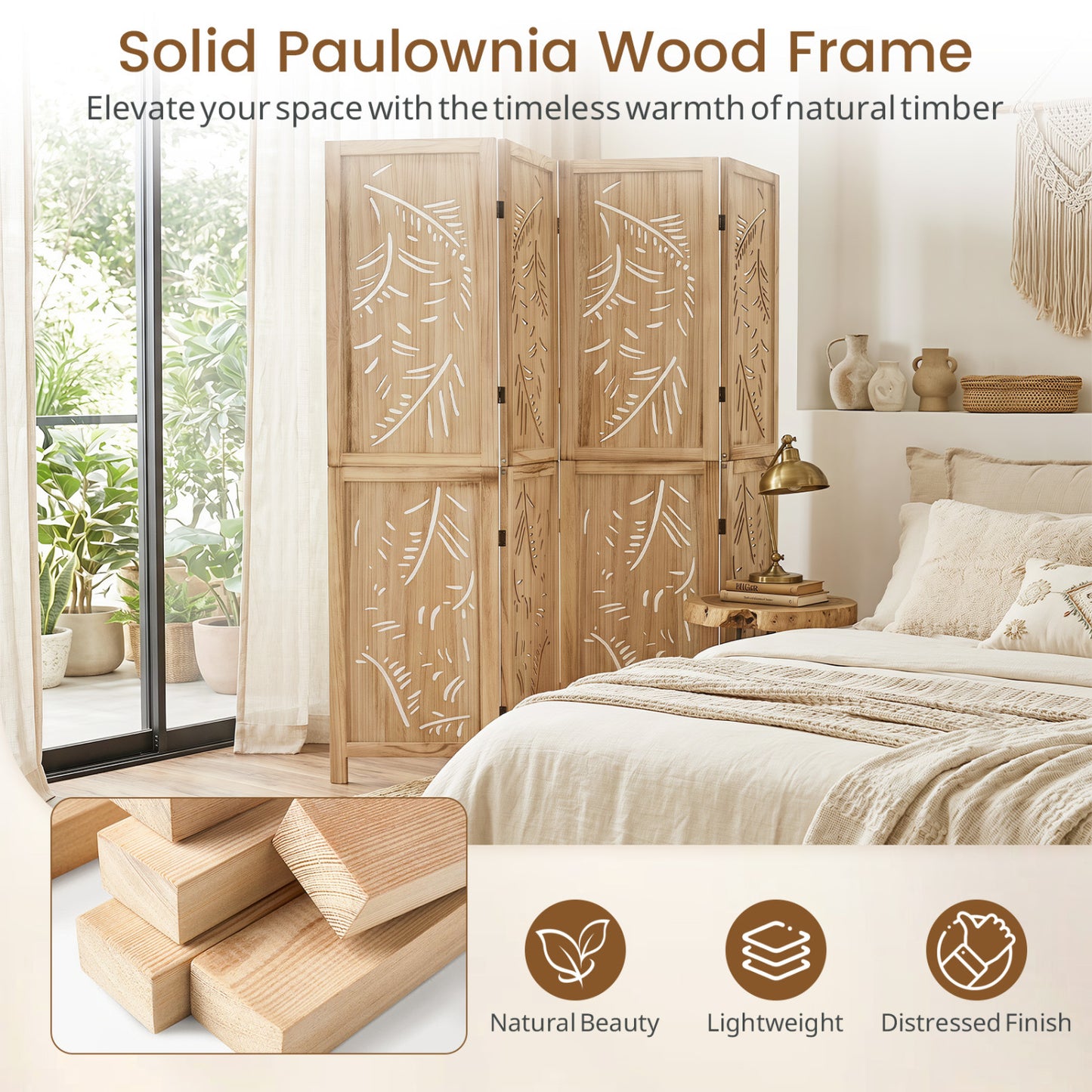 4-Panel Wooden Room Divider, Palm Leaf Design, Paulownia Frame Room Dividers at Gallery Canada