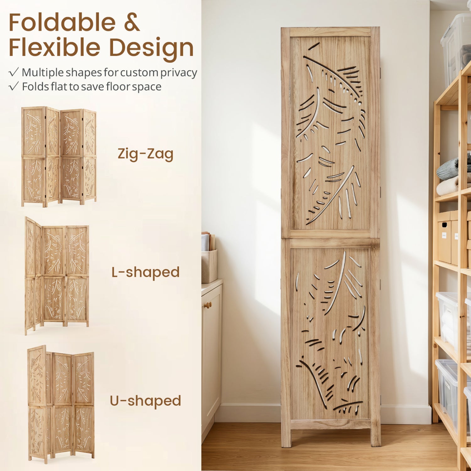 4-Panel Wooden Room Divider, Palm Leaf Design, Paulownia Frame Room Dividers at Gallery Canada
