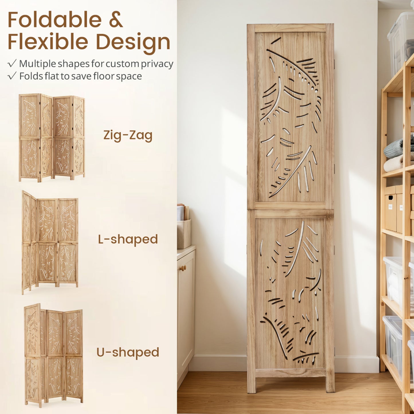 4-Panel Wooden Room Divider, Palm Leaf Design, Paulownia Frame Room Dividers at Gallery Canada
