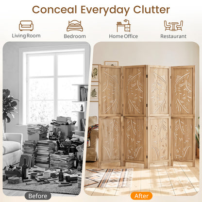 4-Panel Wooden Room Divider, Palm Leaf Design, Paulownia Frame Room Dividers at Gallery Canada