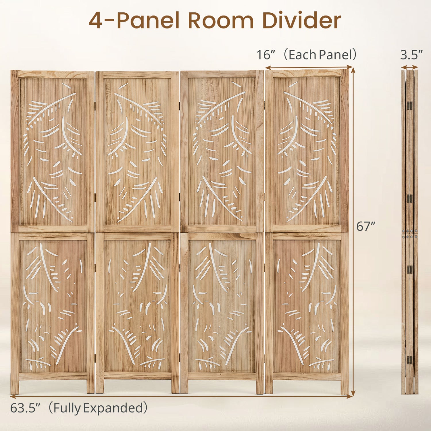 4-Panel Wooden Room Divider, Palm Leaf Design, Paulownia Frame Room Dividers at Gallery Canada