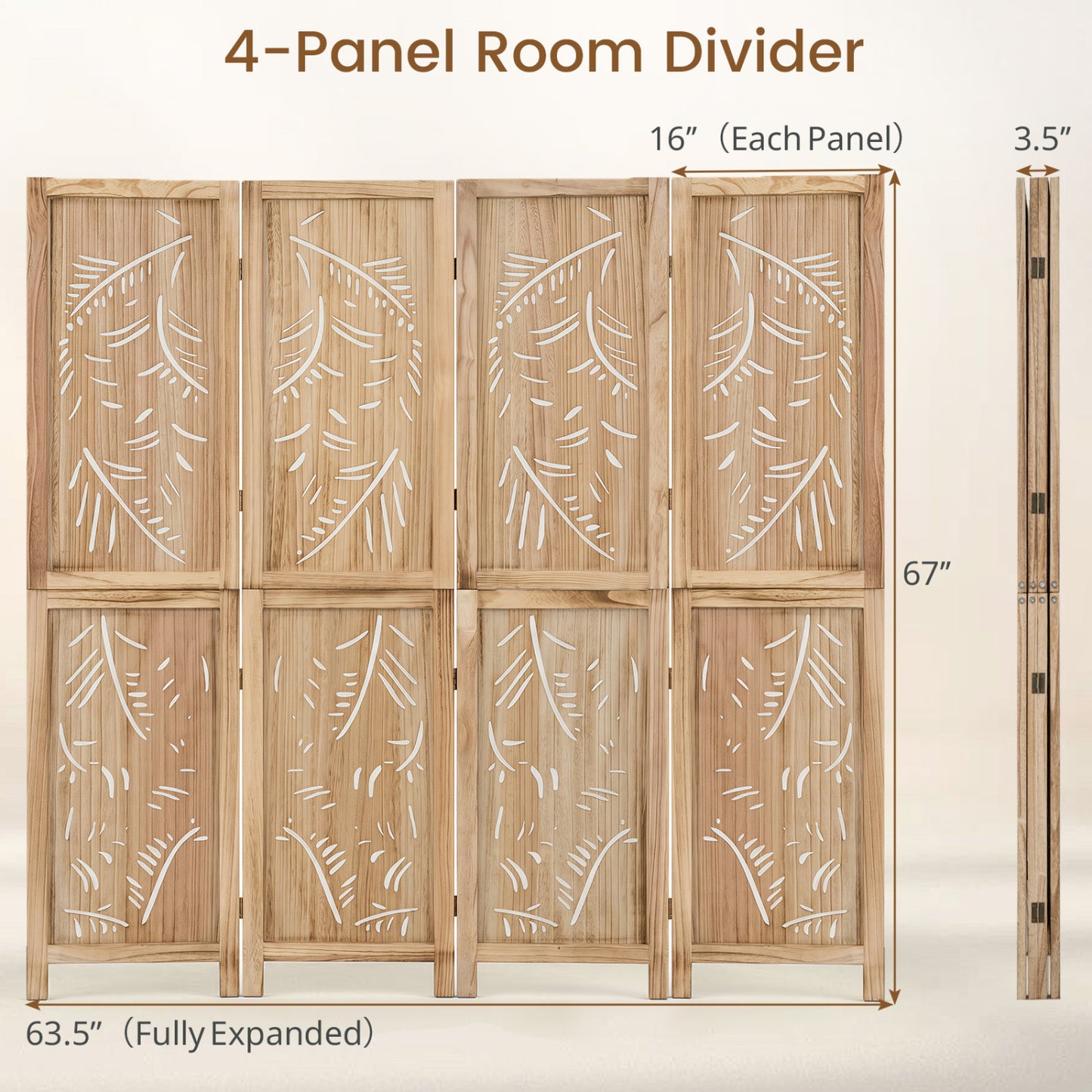 4-Panel Wooden Room Divider, Palm Leaf Design, Paulownia Frame Room Dividers at Gallery Canada