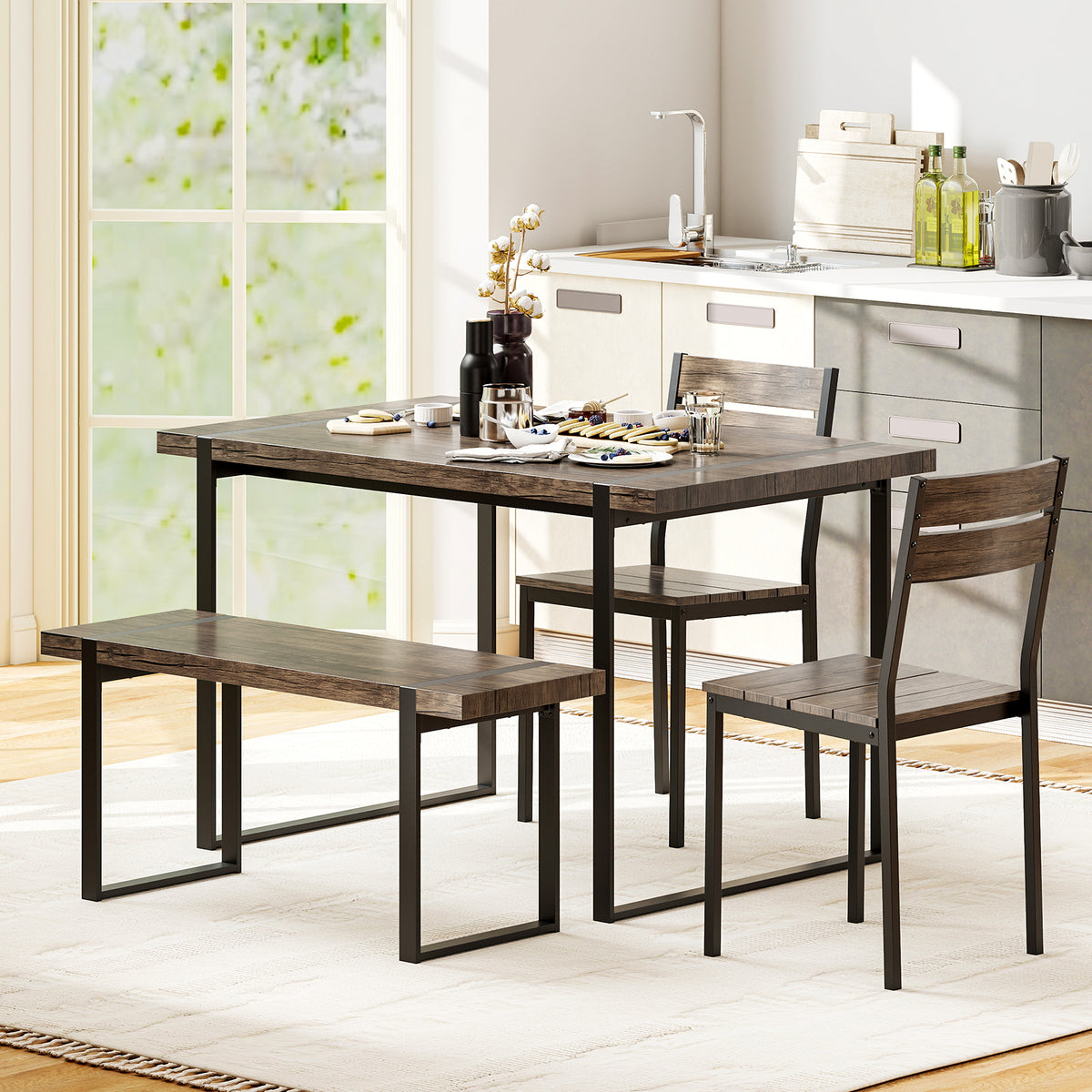 4-Piece Dining Table Set, Gray, 1 Bench, 2 Chairs, Black Dining Room Sets at Gallery Canada