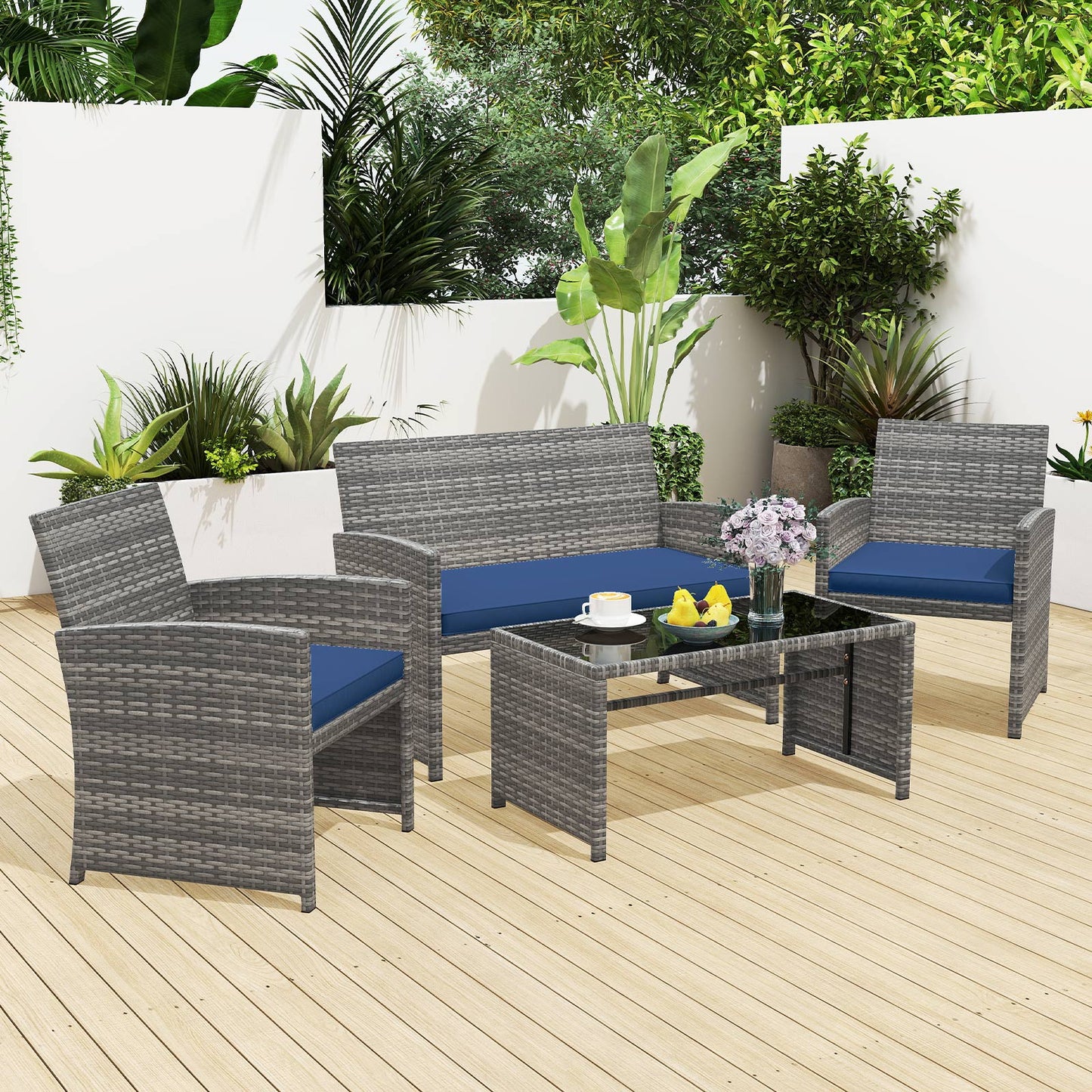 4 Piece Patio Conversation Set, Rattan Chair Loveseat Table, Navy Patio Conversation Sets at Gallery Canada