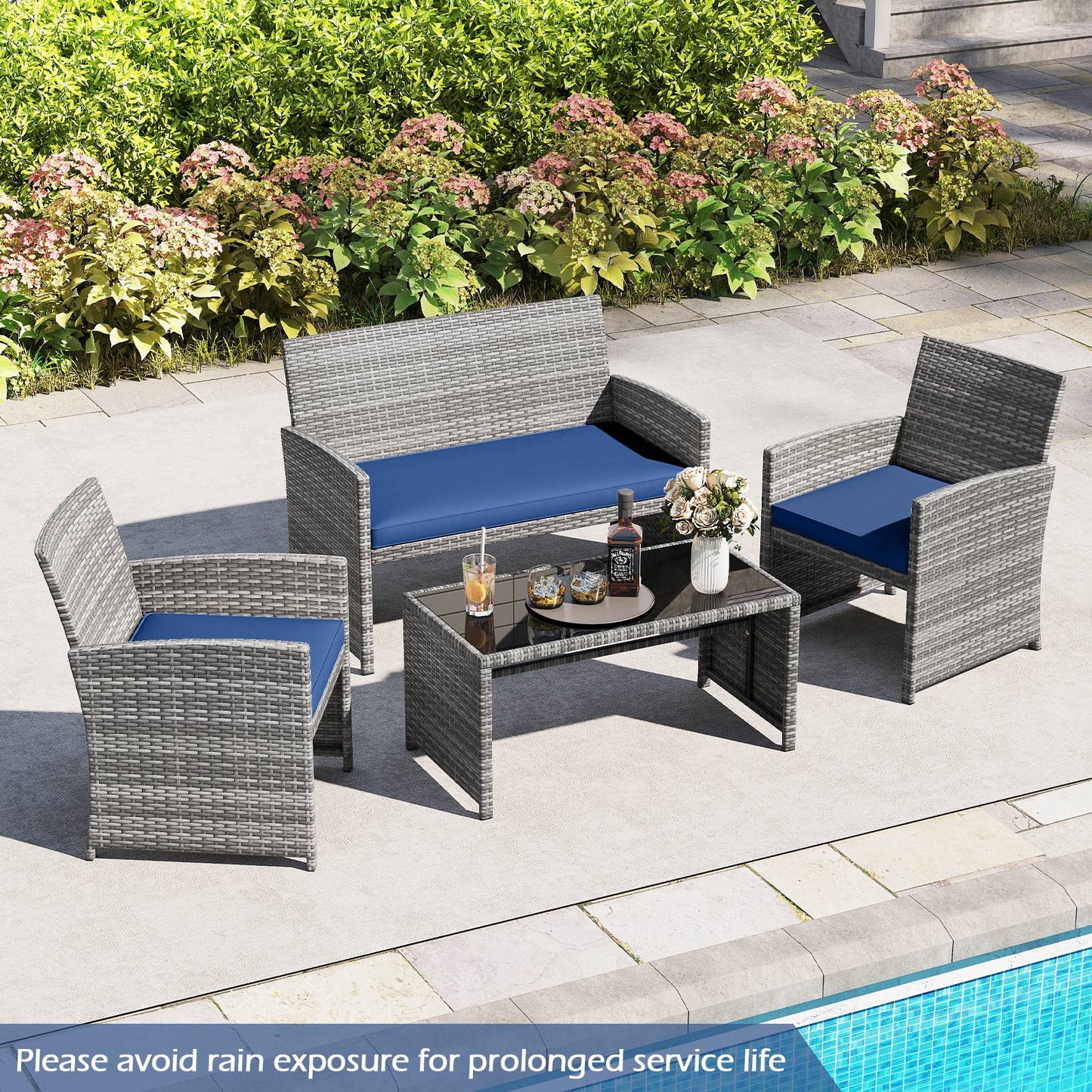 4 Piece Patio Conversation Set, Rattan Chair Loveseat Table, Navy Patio Conversation Sets at Gallery Canada