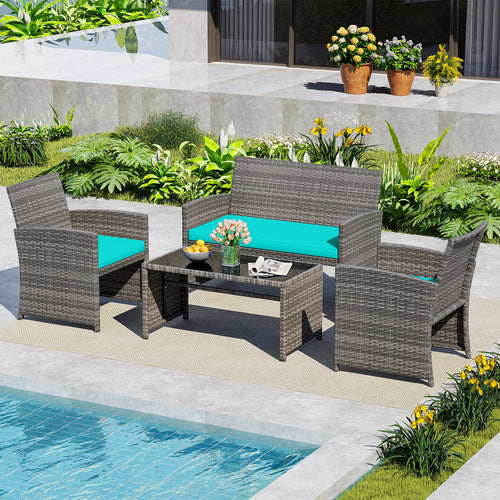4 Piece Patio Conversation Set, Rattan Chair Loveseat Table, Turquoise