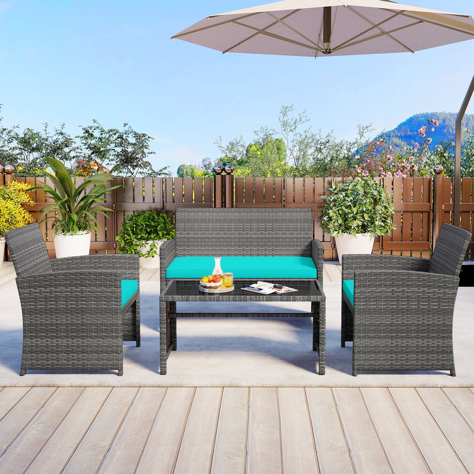 4 Piece Patio Conversation Set, Rattan Chair Loveseat Table, Turquoise Patio Conversation Sets at Gallery Canada