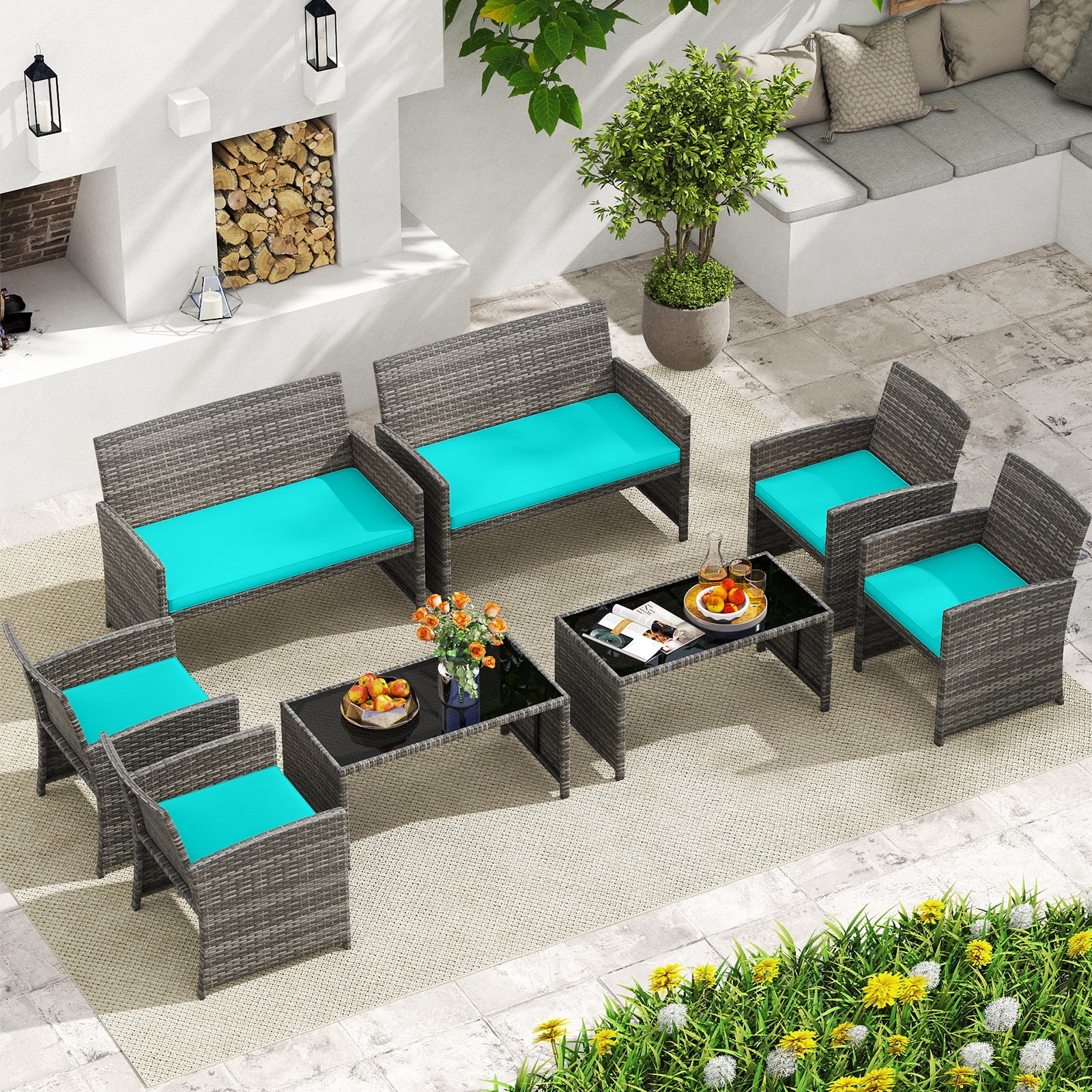 4 Piece Patio Conversation Set, Rattan Chair Loveseat Table, Turquoise Patio Conversation Sets at Gallery Canada