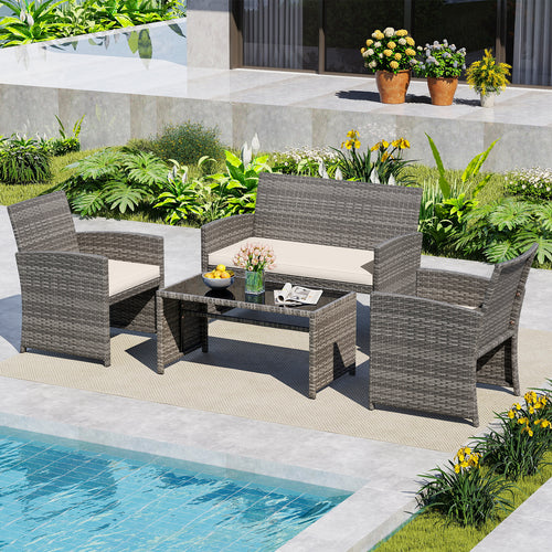 4 Piece Patio Conversation Set, Rattan Chair Loveseat Table, Off White