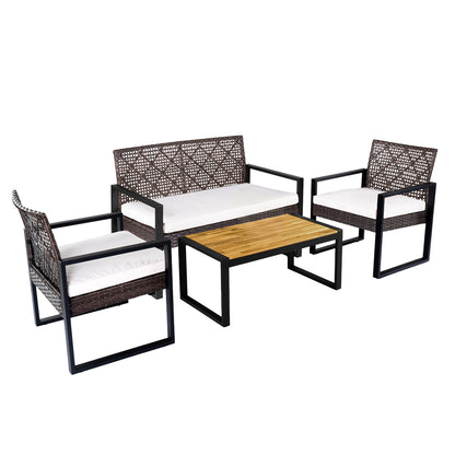 4-Piece Patio Set with Acacia Coffee Table and Wicker Chairs for Backyard-Brown & Black Patio Conversation Sets at Gallery Canada