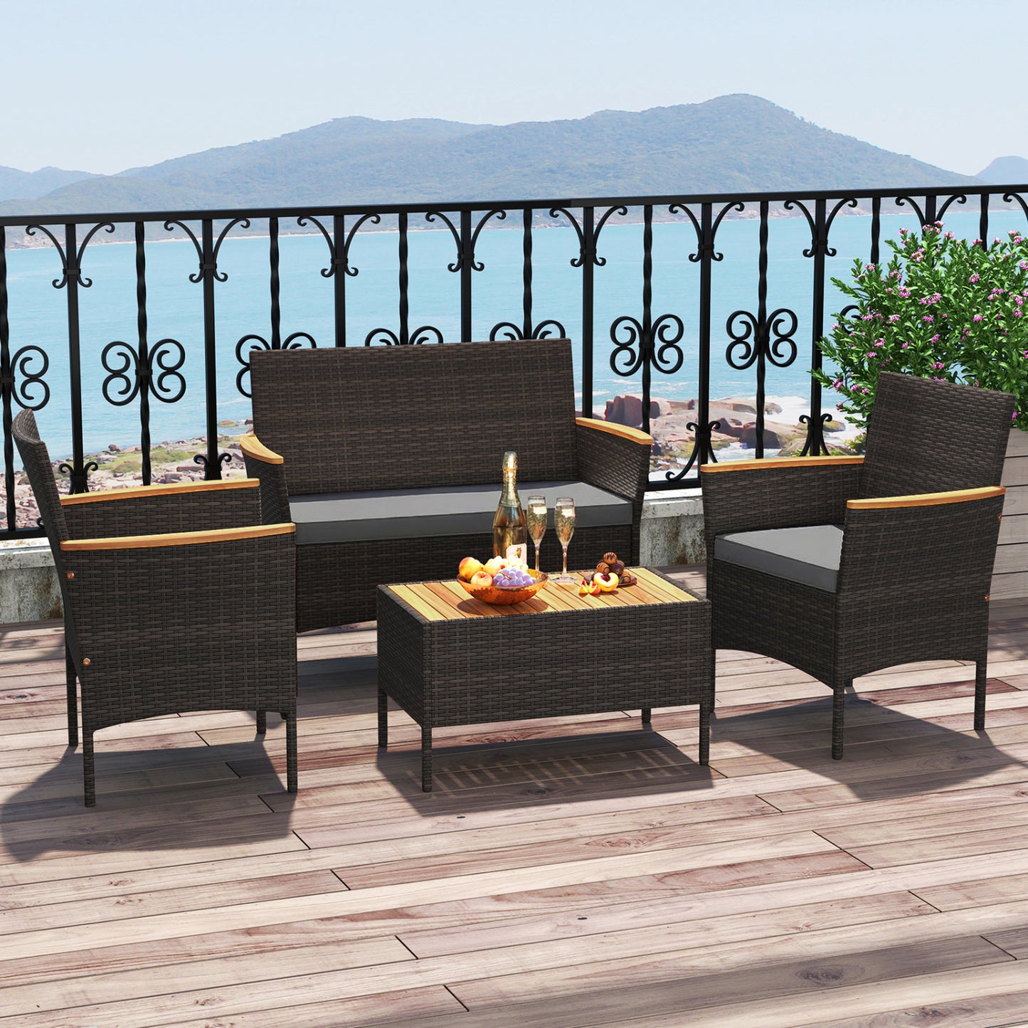 4 Piece Patio Wicker Sofa Set, 2 Rattan Chairs, Loveseat With Table, Grey Patio Conversation Sets at Gallery Canada