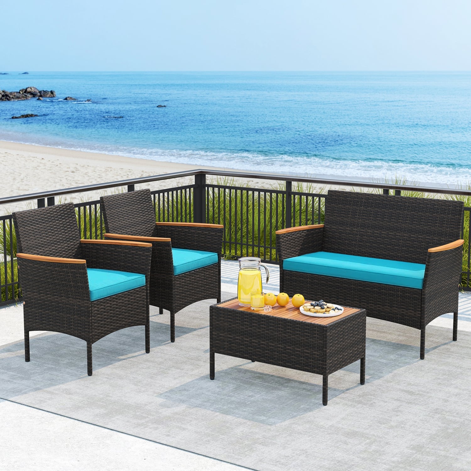 4-Piece Patio Wicker Sofa Set, Rattan Chairs, Loveseat, Table, Turquoise Patio Conversation Sets at Gallery Canada