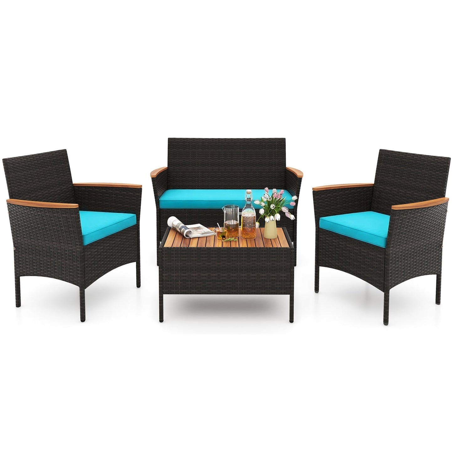 4-Piece Patio Wicker Sofa Set, Rattan Chairs, Loveseat, Table, Turquoise Patio Conversation Sets Turquoise at Gallery Canada