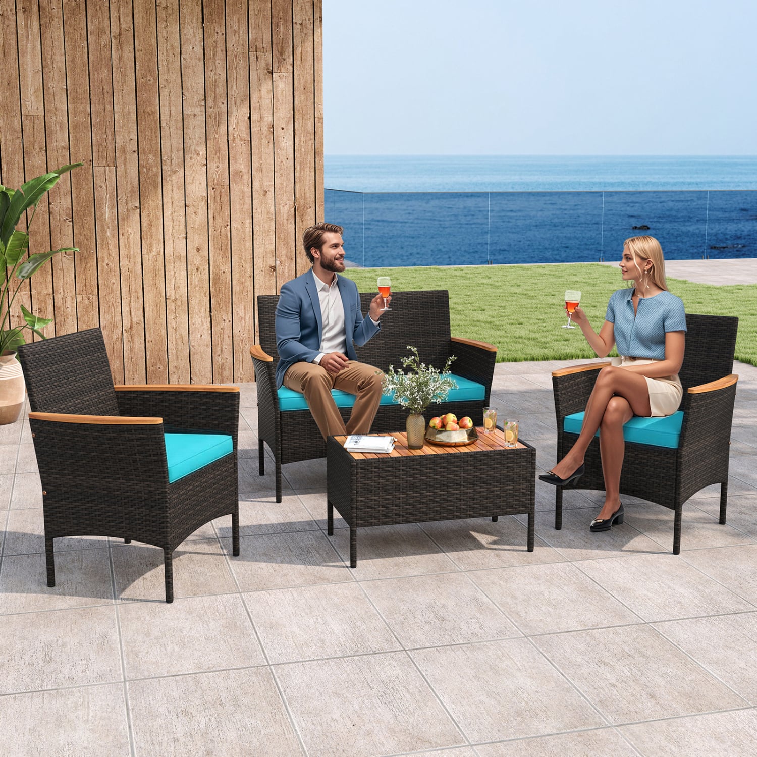 4-Piece Patio Wicker Sofa Set, Rattan Chairs, Loveseat, Table, Turquoise Patio Conversation Sets at Gallery Canada