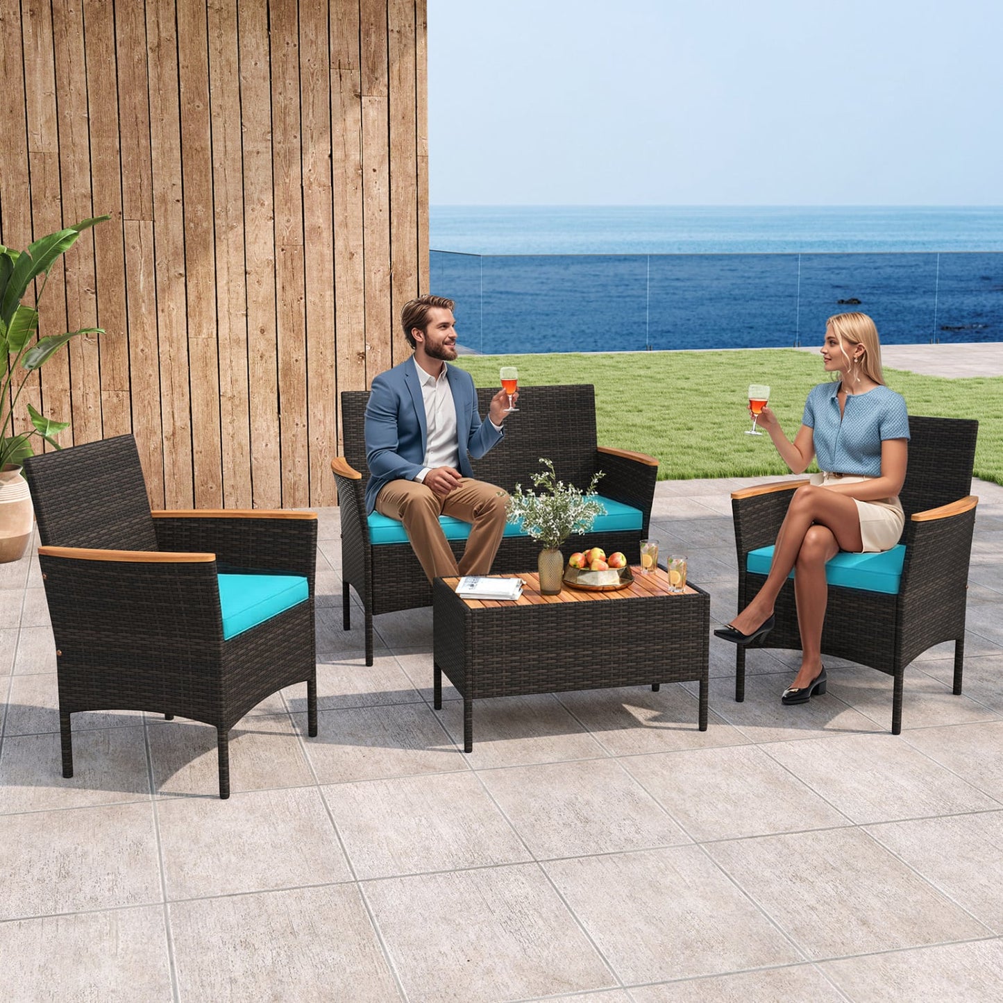 4-Piece Patio Wicker Sofa Set, Rattan Chairs, Loveseat, Table, Turquoise Patio Conversation Sets at Gallery Canada