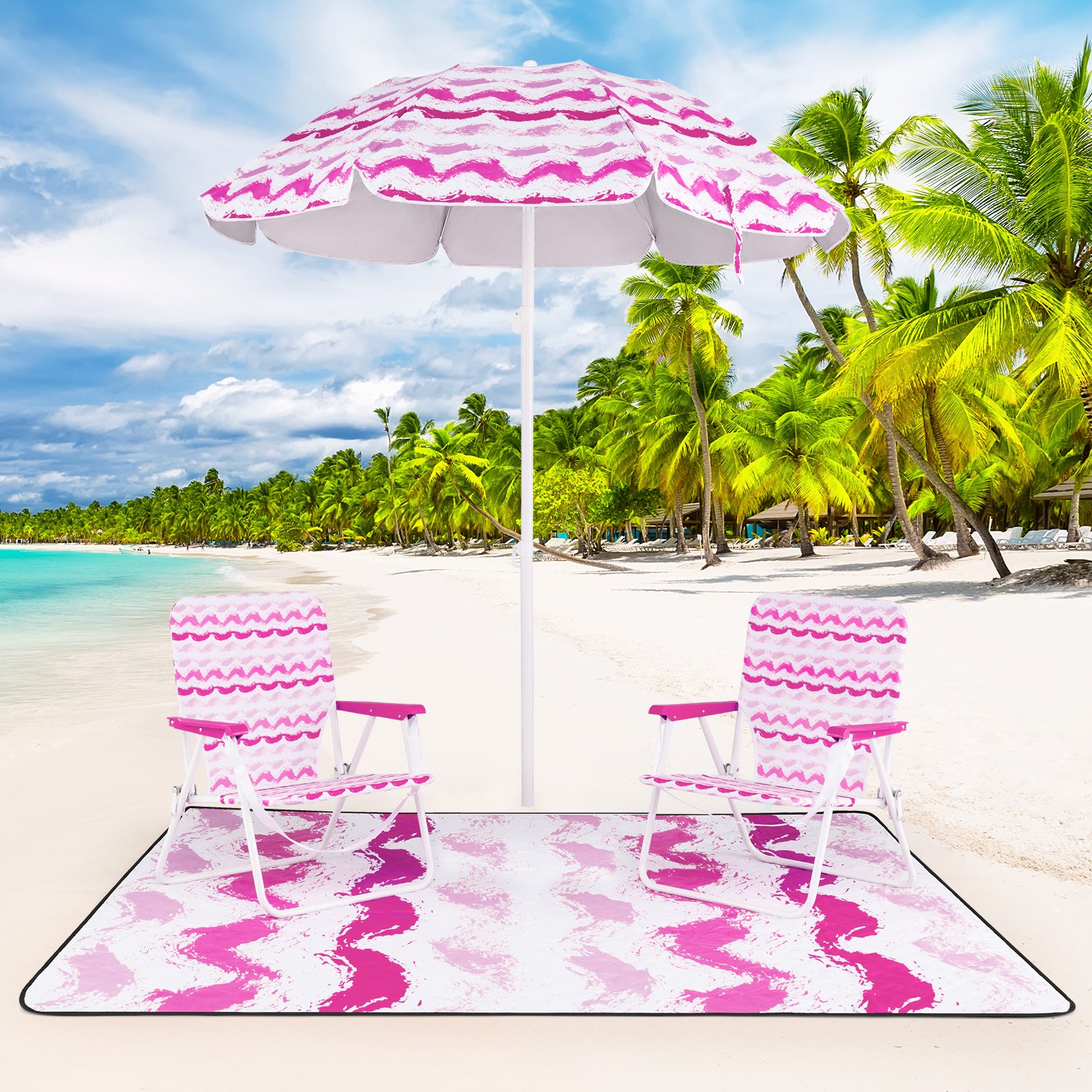 4 Pieces Beach Umbrella Set with 2 Foldable Chairs and Picnic Blanket, Pink Outdoor Umbrellas at Gallery Canada