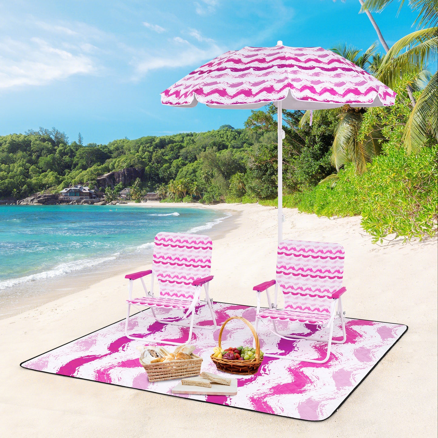 4 Pieces Beach Umbrella Set with 2 Foldable Chairs and Picnic Blanket, Pink Outdoor Umbrellas at Gallery Canada