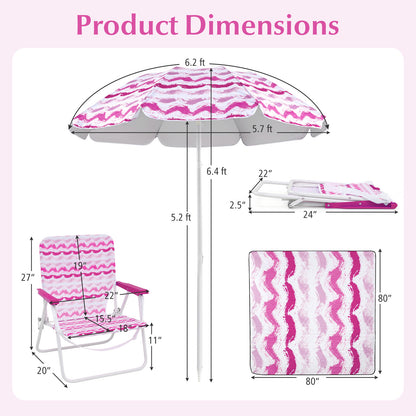 4 Pieces Beach Umbrella Set with 2 Foldable Chairs and Picnic Blanket, Pink Outdoor Umbrellas at Gallery Canada
