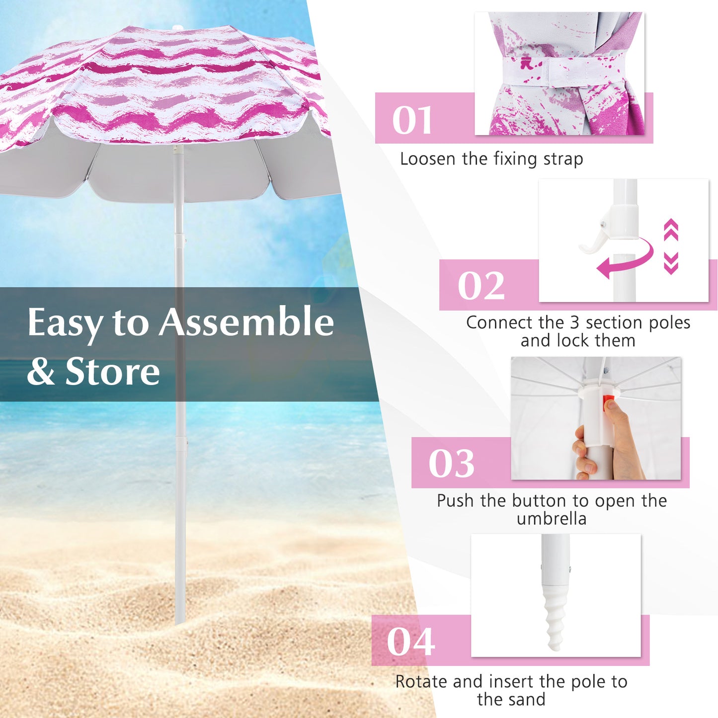 4 Pieces Beach Umbrella Set with 2 Foldable Chairs and Picnic Blanket, Pink Outdoor Umbrellas at Gallery Canada