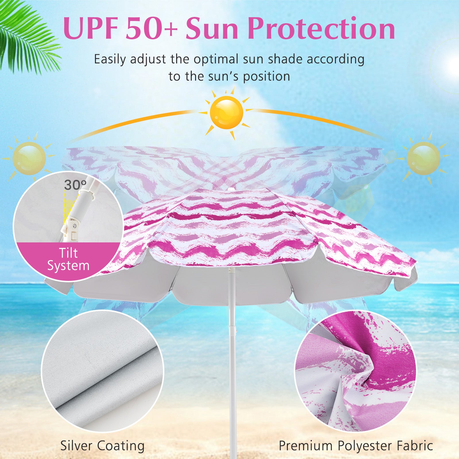 4 Pieces Beach Umbrella Set with 2 Foldable Chairs and Picnic Blanket, Pink Outdoor Umbrellas at Gallery Canada